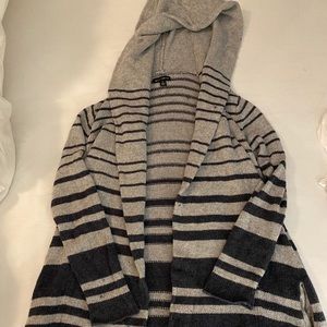 Long hooded navy and grey sweater jacket